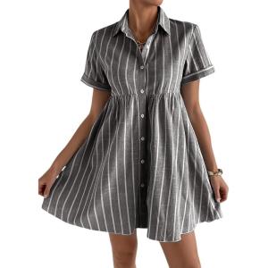 image:imagechouyatou Womens Summer Babydoll Short Sleeve Cotton Dress Notch Neck Flare Striped Midi Shirt DressDark Grey