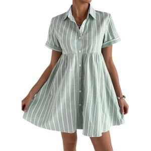 image:imagechouyatou Womens Summer Babydoll Short Sleeve Cotton Dress Notch Neck Flare Striped Midi Shirt DressGreen