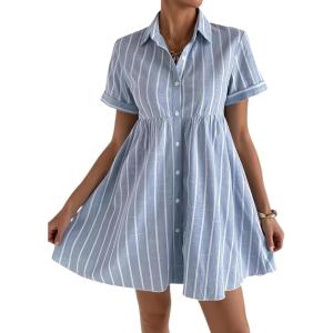 image:imagechouyatou Womens Summer Babydoll Short Sleeve Cotton Dress Notch Neck Flare Striped Midi Shirt DressLight Blue