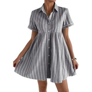 image:imagechouyatou Womens Summer Babydoll Short Sleeve Cotton Dress Notch Neck Flare Striped Midi Shirt DressLight Grey