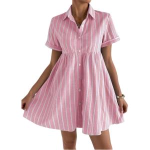 image:imagechouyatou Womens Summer Babydoll Short Sleeve Cotton Dress Notch Neck Flare Striped Midi Shirt DressPink