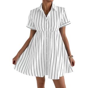 image:imagechouyatou Womens Summer Babydoll Short Sleeve Cotton Dress Notch Neck Flare Striped Midi Shirt DressWhite