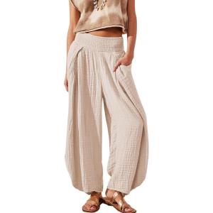 image:imagechouyatou Womens Summer Casual Smocked Waist Pant Wide Leg Beach Pants Palazzo with PocketsApricot