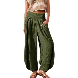 image:imagechouyatou Womens Summer Casual Smocked Waist Pant Wide Leg Beach Pants Palazzo with PocketsArmy Green