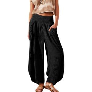 image:imagechouyatou Womens Summer Casual Smocked Waist Pant Wide Leg Beach Pants Palazzo with PocketsBlack
