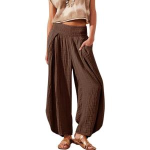 image:imagechouyatou Womens Summer Casual Smocked Waist Pant Wide Leg Beach Pants Palazzo with PocketsBrown
