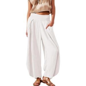 image:imagechouyatou Womens Summer Casual Smocked Waist Pant Wide Leg Beach Pants Palazzo with PocketsWhite