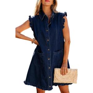 image:imagechouyatou Womens Summer Cute Ruffle Denim Dress Sleeveless ALine Short Button Down Jean Shirt DressDark Blue