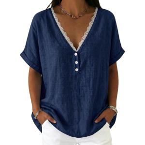image:imagechouyatou Womens Summer Lace Eyelet Cotton Linen Shirts Half Button Short Sleeve Blouses Pullover TopsDark Blue