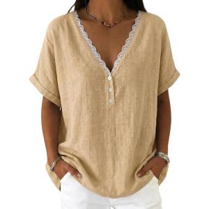image:imagechouyatou Womens Summer Lace Eyelet Cotton Linen Shirts Half Button Short Sleeve Blouses Pullover TopsKhaki