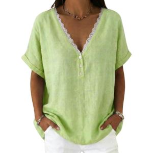 image:imagechouyatou Womens Summer Lace Eyelet Cotton Linen Shirts Half Button Short Sleeve Blouses Pullover TopsLight Green