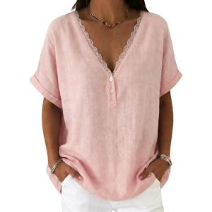 image:imagechouyatou Womens Summer Lace Eyelet Cotton Linen Shirts Half Button Short Sleeve Blouses Pullover TopsPink