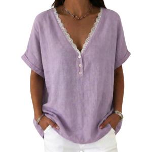 image:imagechouyatou Womens Summer Lace Eyelet Cotton Linen Shirts Half Button Short Sleeve Blouses Pullover TopsPurple