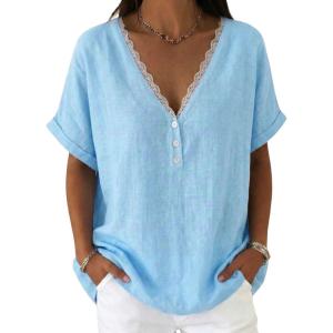 image:imagechouyatou Womens Summer Lace Eyelet Cotton Linen Shirts Half Button Short Sleeve Blouses Pullover TopsSky Blue