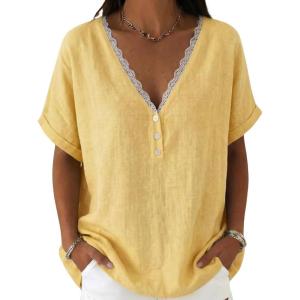 image:imagechouyatou Womens Summer Lace Eyelet Cotton Linen Shirts Half Button Short Sleeve Blouses Pullover TopsYellow
