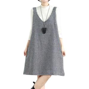 image:imagechouyatou Womens Vintage Plaid Wool Overall Jumper Midi Dress Casual A Line Tunic Shift Tank Short DressBlack and White