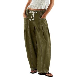 image:imagechouyatou Womens Wide Leg Drawstring Jeans Elastic Waist Baggy Jeans Boyfriend Loose Harem Denim Pants with PocketsArmy Green