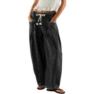 image:imagechouyatou Womens Wide Leg Drawstring Jeans Elastic Waist Baggy Jeans Boyfriend Loose Harem Denim Pants with PocketsBlack