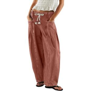 image:imagechouyatou Womens Wide Leg Drawstring Jeans Elastic Waist Baggy Jeans Boyfriend Loose Harem Denim Pants with PocketsBrown