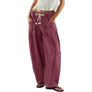 image:imagechouyatou Womens Wide Leg Drawstring Jeans Elastic Waist Baggy Jeans Boyfriend Loose Harem Denim Pants with PocketsDark Red
