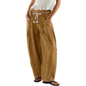 image:imagechouyatou Womens Wide Leg Drawstring Jeans Elastic Waist Baggy Jeans Boyfriend Loose Harem Denim Pants with PocketsKhaki