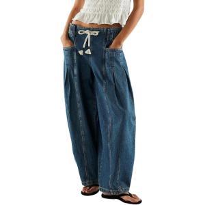 image:imagechouyatou Womens Wide Leg Drawstring Jeans Elastic Waist Baggy Jeans Boyfriend Loose Harem Denim Pants with PocketsRetro Blue