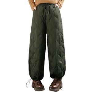 image:imagechouyatou Womens Winter Drawstring Elastic Waist Snow Ski Down Alternative Capri Pants with PocketsArmy Green