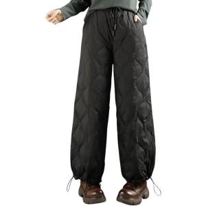 image:imagechouyatou Womens Winter Drawstring Elastic Waist Snow Ski Down Alternative Capri Pants with PocketsBlack