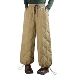 image:imagechouyatou Womens Winter Drawstring Elastic Waist Snow Ski Down Alternative Capri Pants with PocketsKhaki