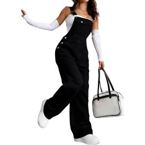 image:imagechouyatou Womens Y2k Distressed Denim Bib Overalls Adjustable Strap Wide Leg Jeans Boyfriend Street Jumpsuit PantsBlack