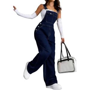 image:imagechouyatou Womens Y2k Distressed Denim Bib Overalls Adjustable Strap Wide Leg Jeans Boyfriend Street Jumpsuit PantsDark Blue