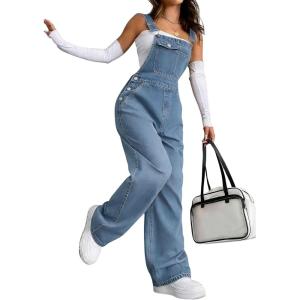 image:imagechouyatou Womens Y2k Distressed Denim Bib Overalls Adjustable Strap Wide Leg Jeans Boyfriend Street Jumpsuit PantsLight Blue
