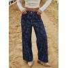image:imagechouyatou Womens Baggy Floral Pattern Jeans Y2K Boyfriend Wide Leg Mid Rise Denim Pants with PocketsDark Blue