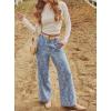 image:imagechouyatou Womens Baggy Floral Pattern Jeans Y2K Boyfriend Wide Leg Mid Rise Denim Pants with PocketsLight Blue