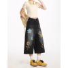 image:imagechouyatou Womens Floral Embroidery Capri Jeans Y2k Baggy Wide Leg Jeans Boho High Waisted Cropped Denim PantsBlack