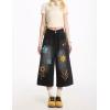 image:imagechouyatou Womens Floral Embroidery Capri Jeans Y2k Baggy Wide Leg Jeans Boho High Waisted Cropped Denim PantsBlack
