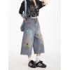 image:imagechouyatou Womens Floral Embroidery Capri Jeans Y2k Baggy Wide Leg Jeans Boho High Waisted Cropped Denim PantsDark Blue