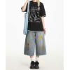 image:imagechouyatou Womens Floral Embroidery Capri Jeans Y2k Baggy Wide Leg Jeans Boho High Waisted Cropped Denim PantsDark Blue