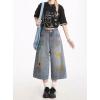 image:imagechouyatou Womens Floral Embroidery Capri Jeans Y2k Baggy Wide Leg Jeans Boho High Waisted Cropped Denim PantsDark Blue