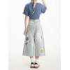 image:imagechouyatou Womens Floral Embroidery Capri Jeans Y2k Baggy Wide Leg Jeans Boho High Waisted Cropped Denim PantsLight Blue