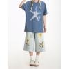 image:imagechouyatou Womens Floral Embroidery Capri Jeans Y2k Baggy Wide Leg Jeans Boho High Waisted Cropped Denim PantsLight Blue