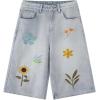 image:imagechouyatou Womens Floral Embroidery Capri Jeans Y2k Baggy Wide Leg Jeans Boho High Waisted Cropped Denim PantsLight Blue