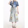 image:imagechouyatou Womens Floral Embroidery Capri Jeans Y2k Baggy Wide Leg Jeans Boho High Waisted Cropped Denim PantsLight Blue