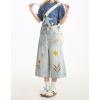 image:imagechouyatou Womens Floral Embroidery Capri Jeans Y2k Baggy Wide Leg Jeans Boho High Waisted Cropped Denim PantsLight Blue