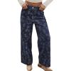 image:imagechouyatou Womens Baggy Floral Pattern Jeans Y2K Boyfriend Wide Leg Mid Rise Denim Pants with PocketsDark Blue