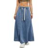 image:imagechouyatou Womens Casual Paperbag Elastic High Waist A Line Long Maxi Flare Denim SkirtBlue