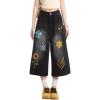 image:imagechouyatou Womens Floral Embroidery Capri Jeans Y2k Baggy Wide Leg Jeans Boho High Waisted Cropped Denim PantsBlack