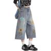 image:imagechouyatou Womens Floral Embroidery Capri Jeans Y2k Baggy Wide Leg Jeans Boho High Waisted Cropped Denim PantsDark Blue
