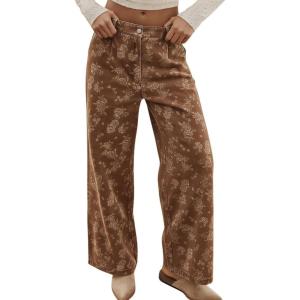 image:imagechouyatou Womens Baggy Floral Pattern Jeans Y2K Boyfriend Wide Leg Mid Rise Denim Pants with PocketsBrown