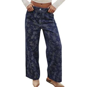 image:imagechouyatou Womens Baggy Floral Pattern Jeans Y2K Boyfriend Wide Leg Mid Rise Denim Pants with PocketsDark Blue